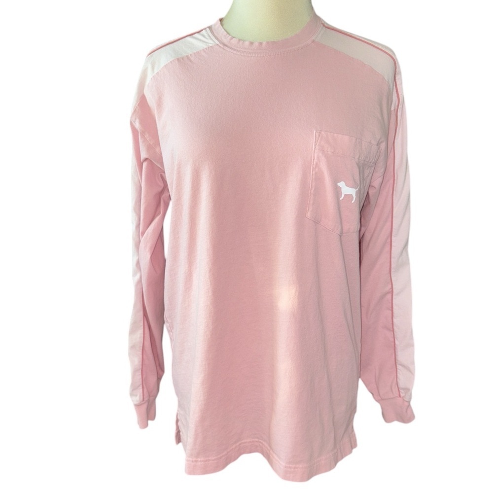 Pink Victoria’s Secret T-shirt long sleeves left chest pocket w/iconic dog Sz S